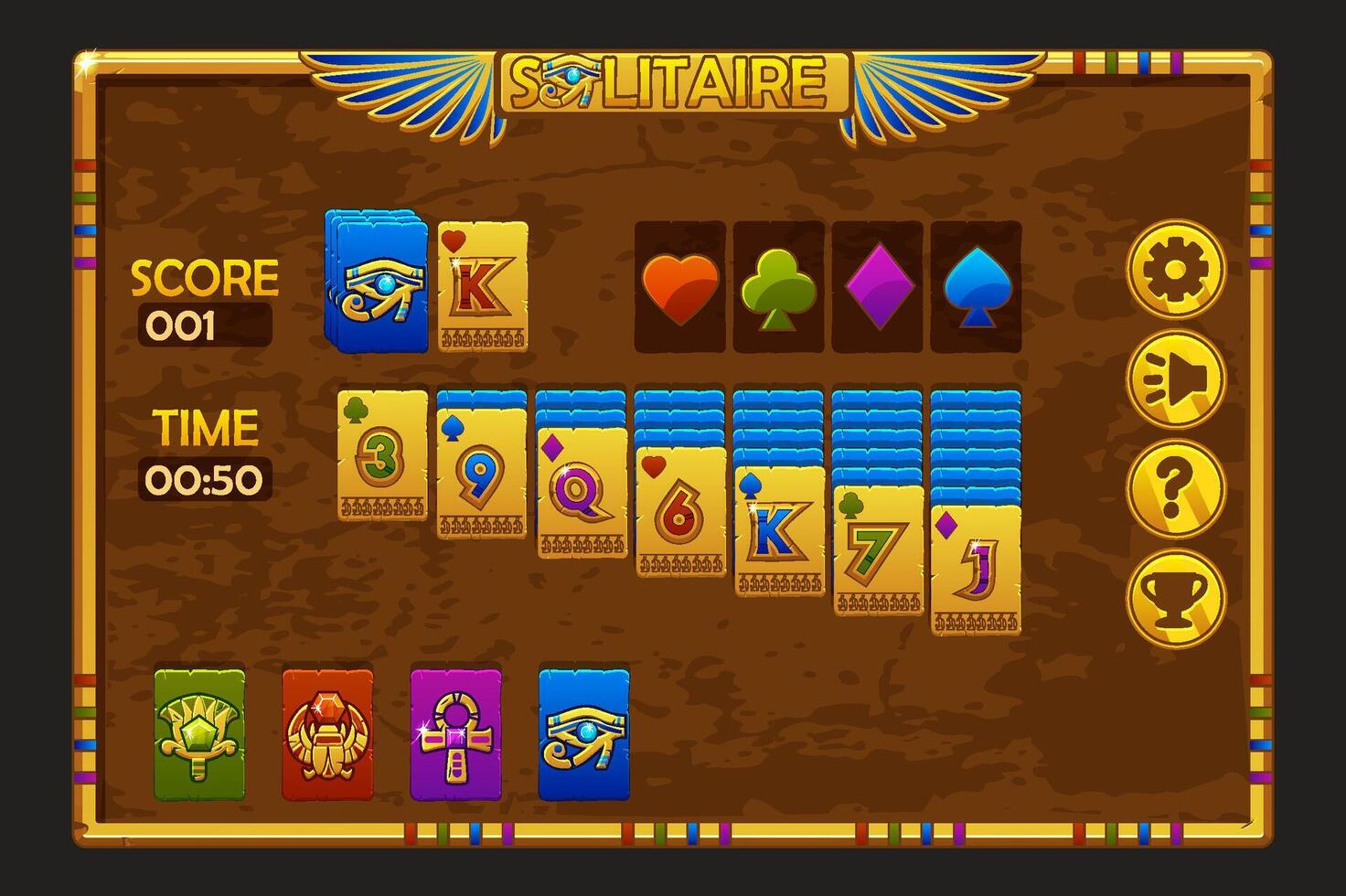 Solitaire game UI in Egyptian style. Background and buttons for game assets. Egyptian game frame vector