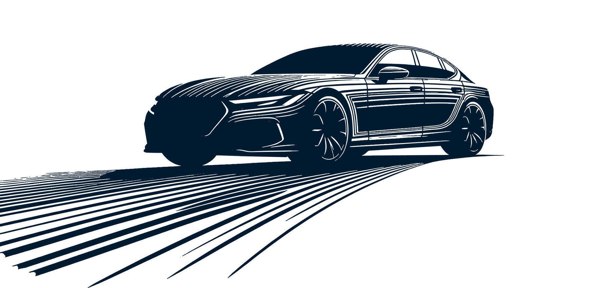 A black and white car is shown in the middle of a white background vector
