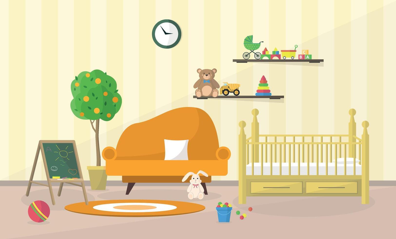 Interior of a children's playroom with a crib, sofa, board and toys. Room for games and development. vector