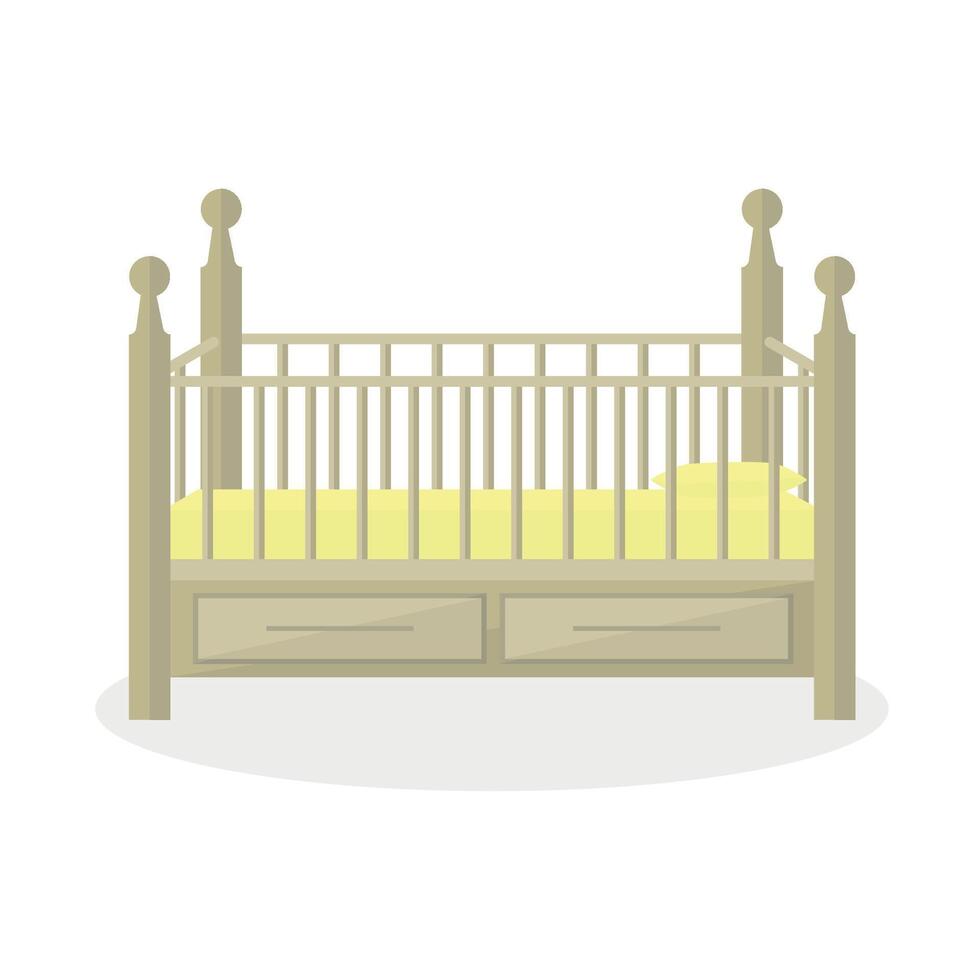 Icon of baby cot with drawers and bedding on white background. Furniture for children. vector