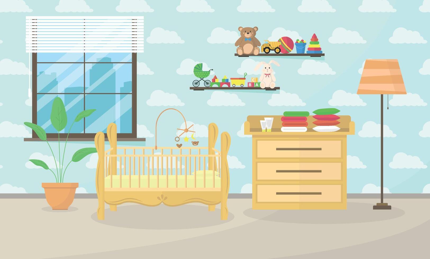 Interior of a children's room with a crib, changing table and toys. Concept of a children's room. vector