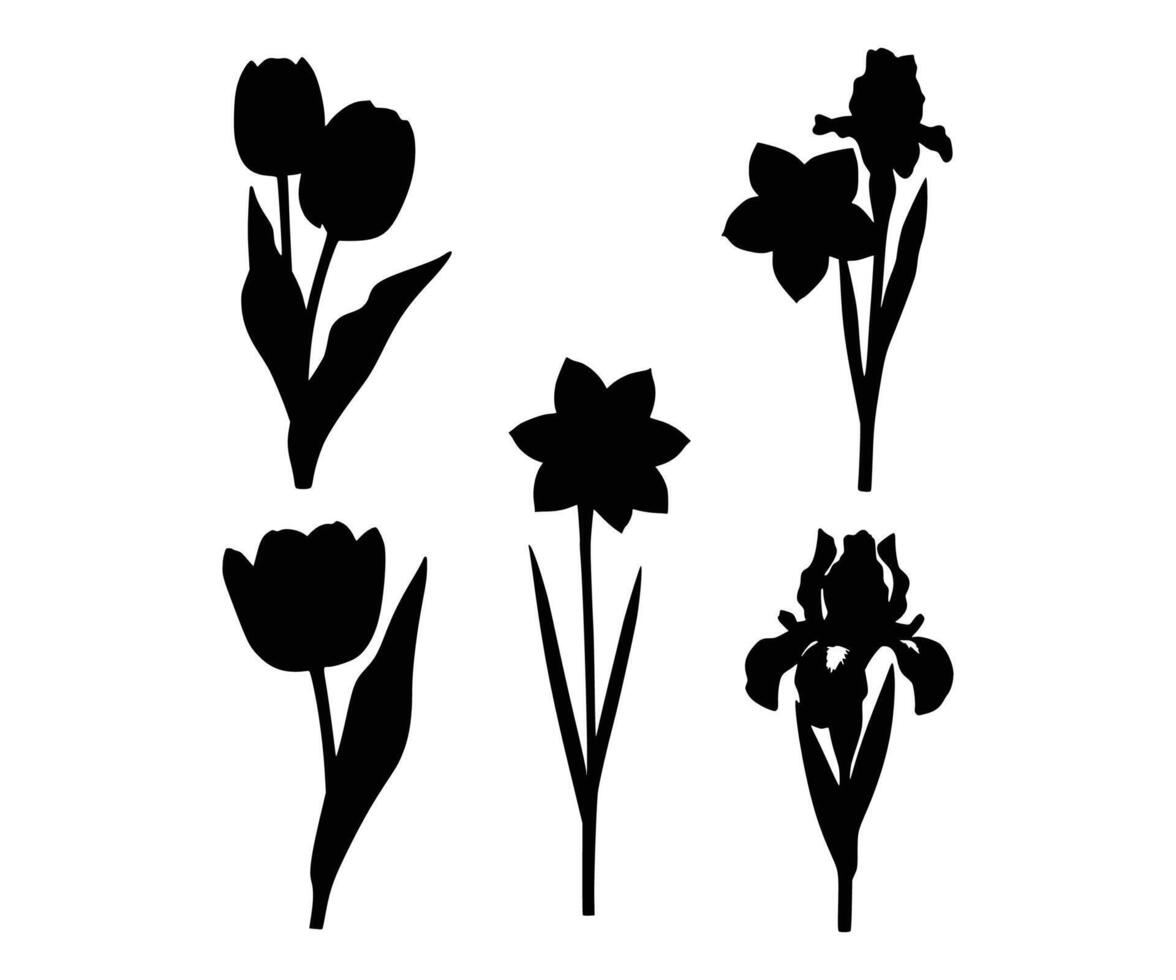 Silhouettes of spring flowers, including tulips, daffodils, and irises, in black on a clean white background. vector