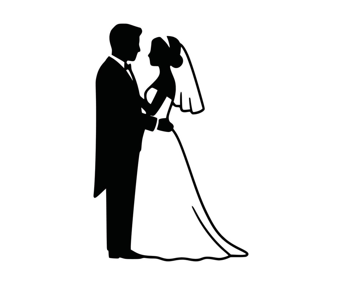 Silhouettes representing the bride and groom. An icon illustration showcasing a filled black wedding silhouette. vector