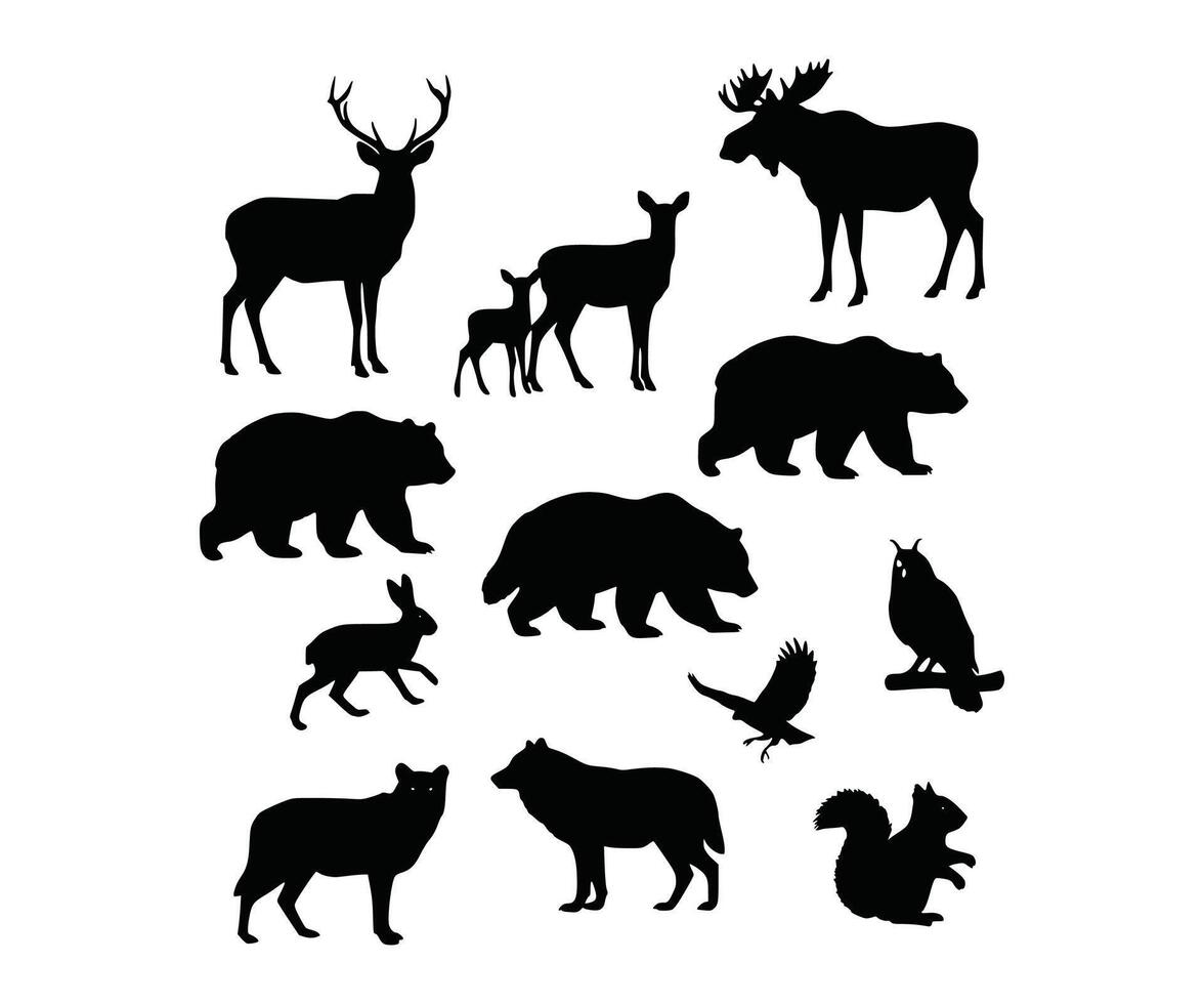 utlined figures of forest creatures set against a white backdrop. Includes deer, doe, fawn, moose, bear, fox, hare, owl, raptor, chamois, wolf, and squirrel. vector