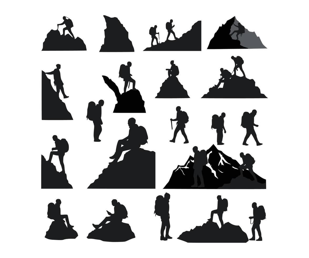 A set of silhouettes depicting hikers, climbers, and mountaineers. vector