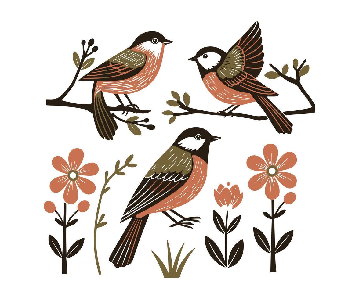 simple hand-drawn and linocut style, this natural print is suitable for a poster or logo design template, celebrating spring with birds. vector