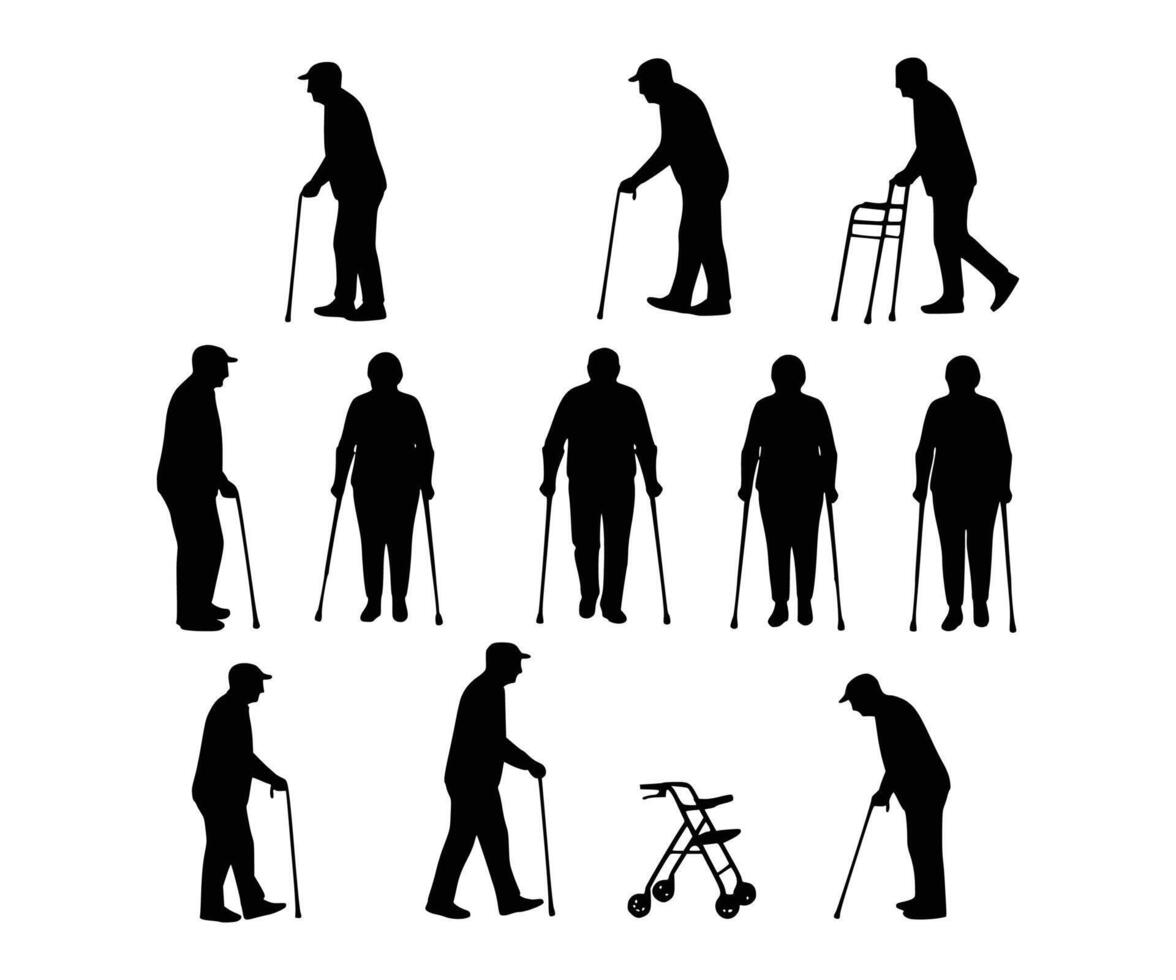 A set of silhouettes highlighting elderly individuals with walking aids. The illustrations show seniors walking while relying on their mobility tools. vector