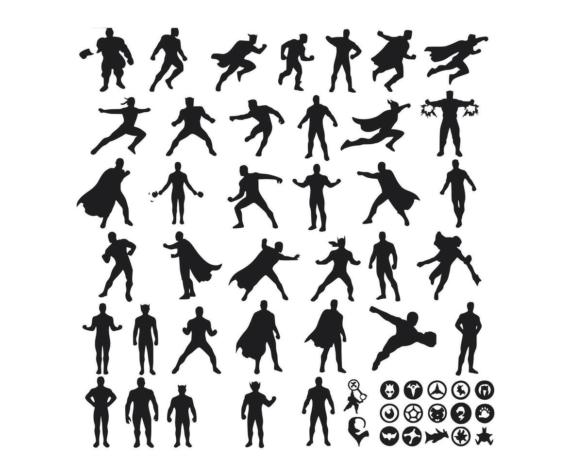 A large collection of superhero silhouette designs featuring illustrations and icons of various heroes. vector