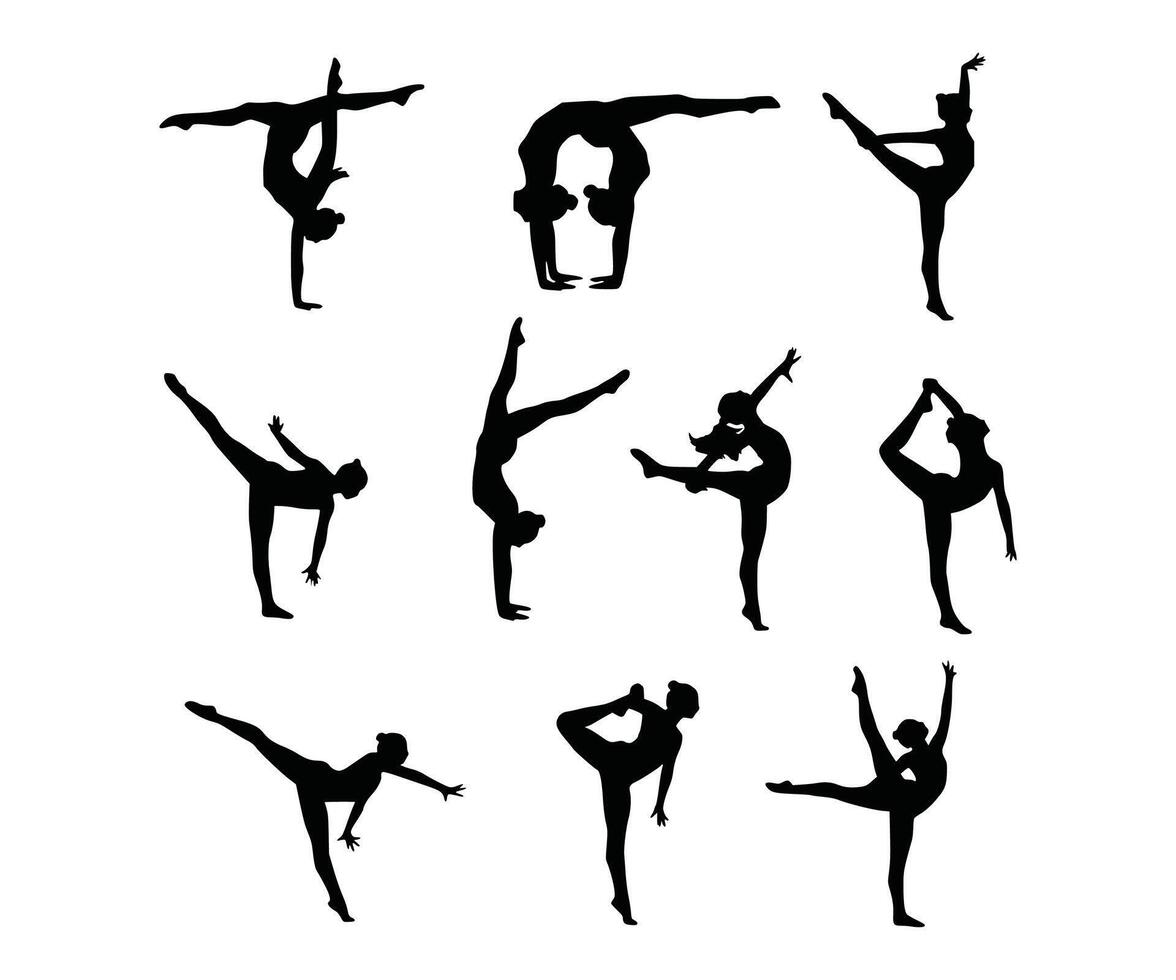 silhouettes of female gymnasts in various poses, highlighting the elegance and strength of these athletes. vector