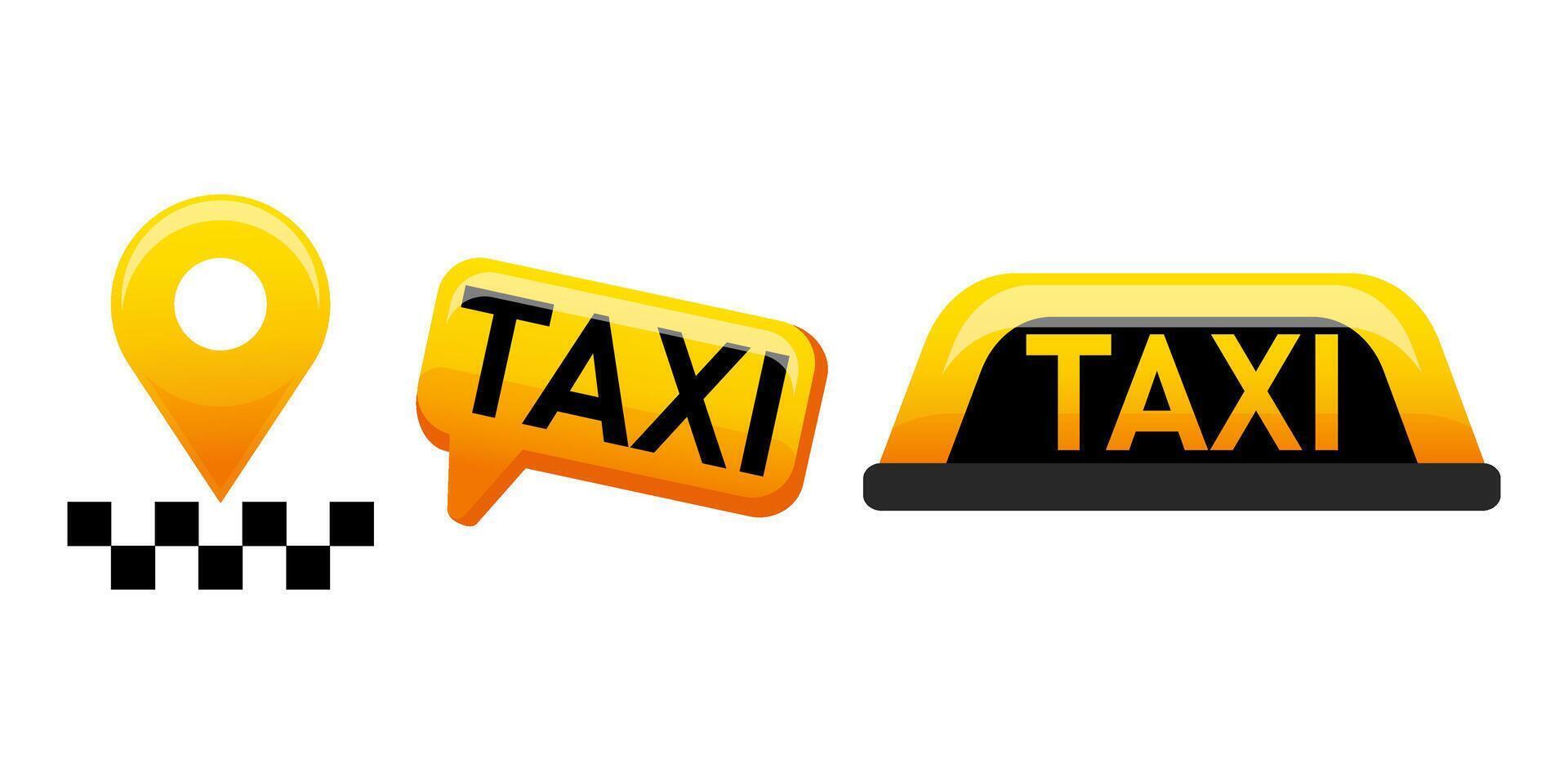 Set taxi car roof sign. Taxi icons. Yellow signs of transport elements. Geotag sign, chat icon. GPS symbol. Map sign. vector