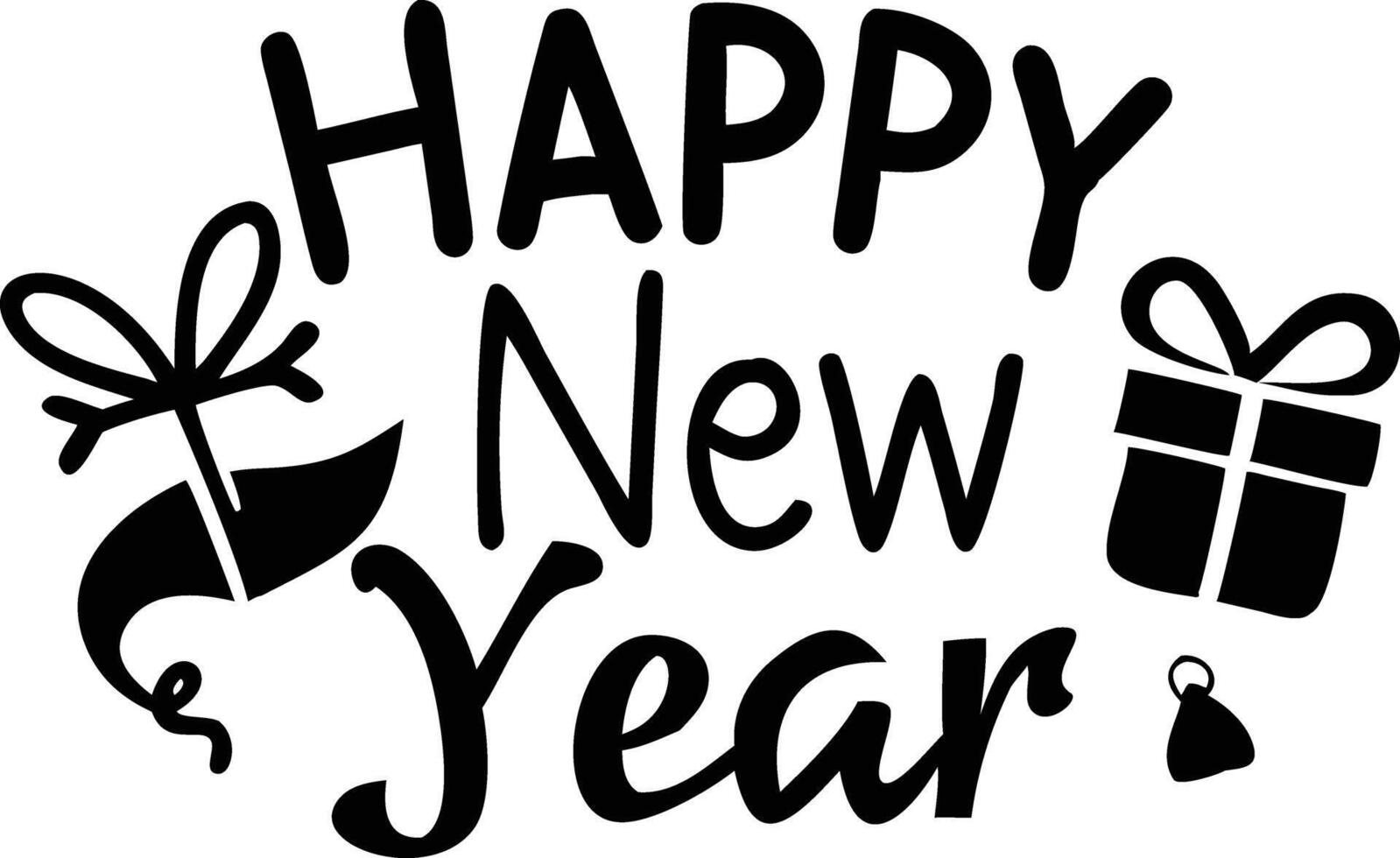 Happy New Year Text with Gift and Hat Silhouettes vector