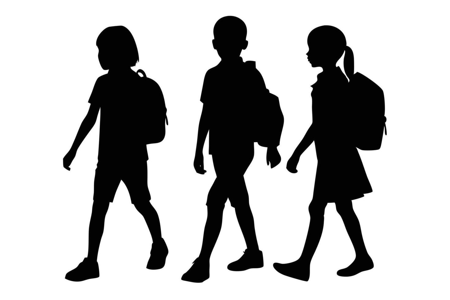 Silhouette Of Three Children Walking With Backpacks vector