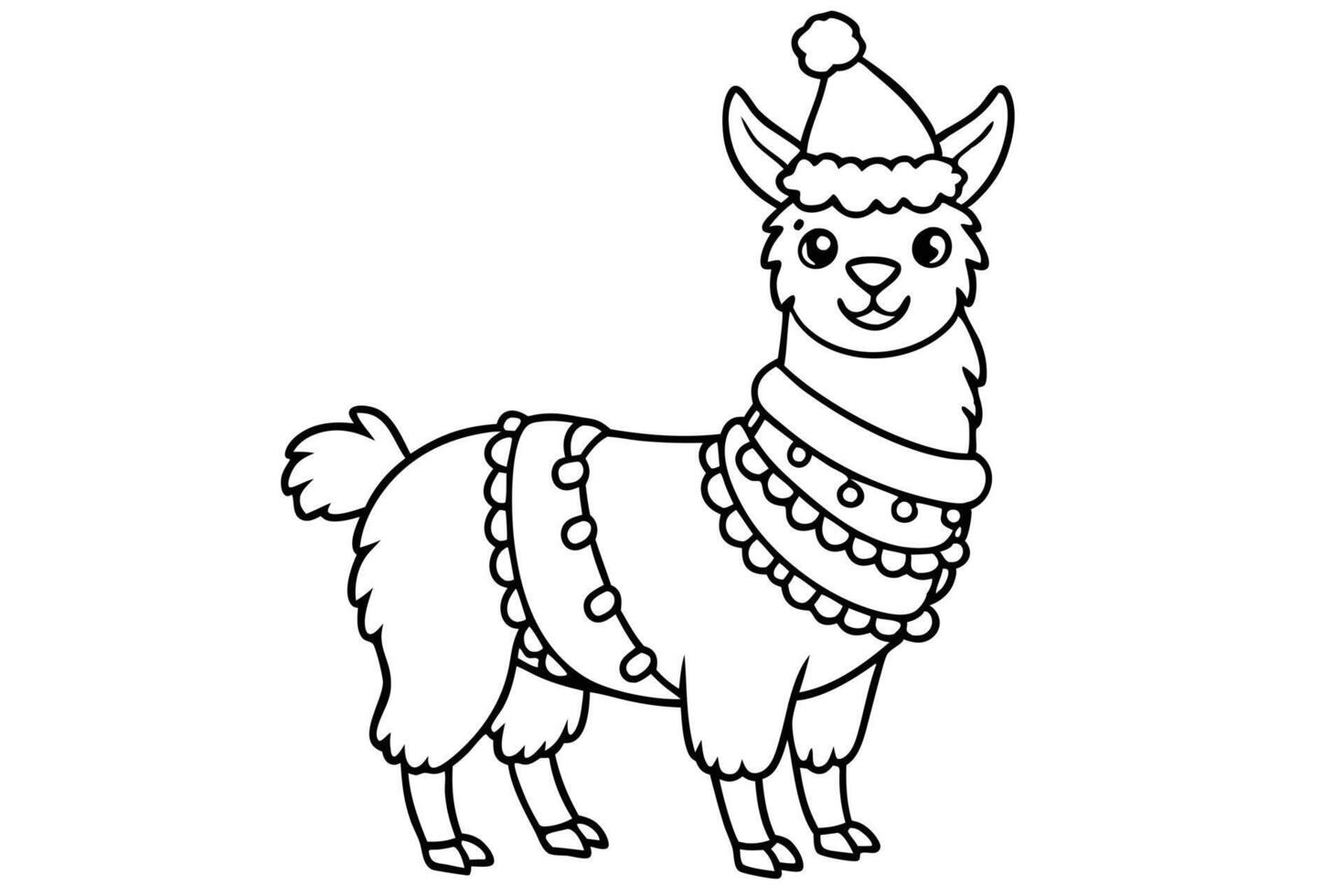 Cute Llama in Christmas Hat and Garland Outline Cartoon Animal vector