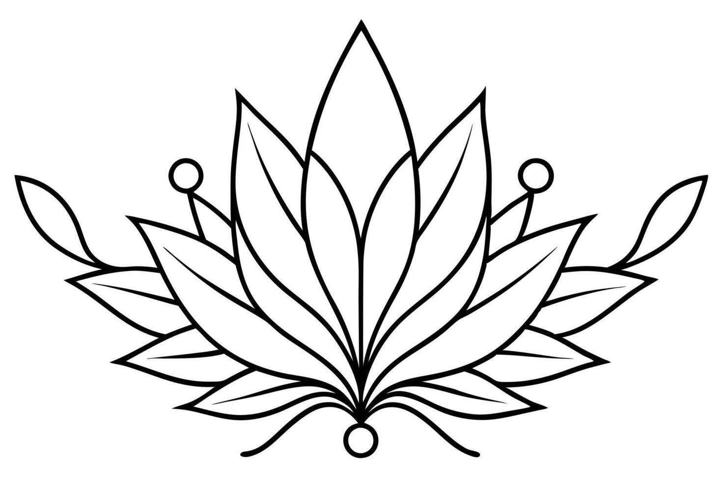 Stylized Lotus Flower, Leafy Branches, and Ornate Circles, Black Outline vector