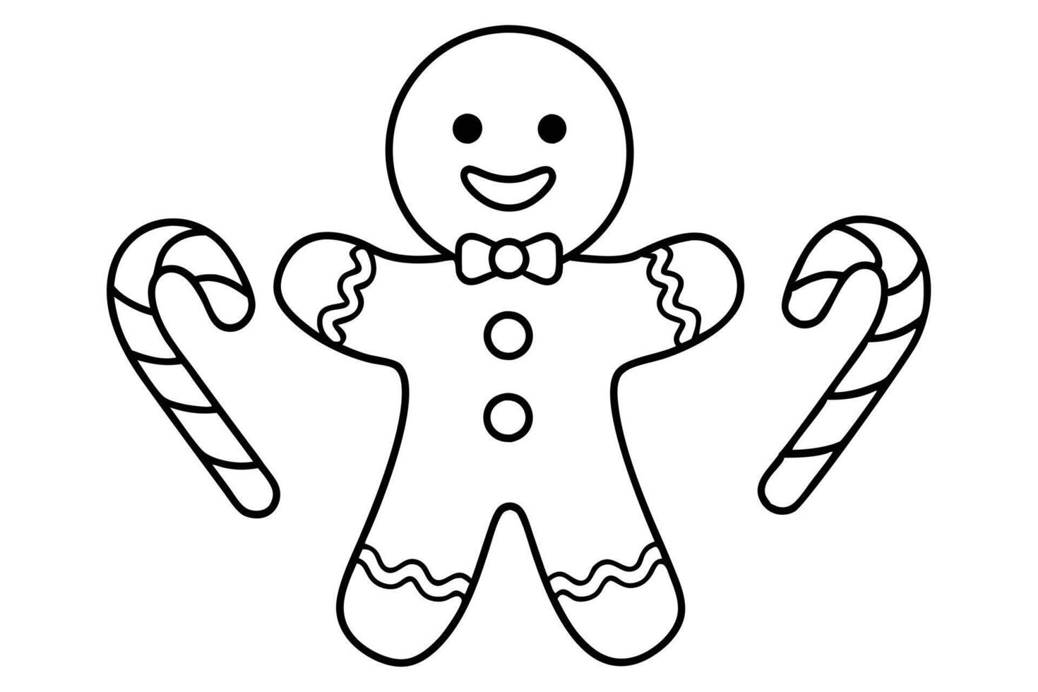 Outlined Gingerbread Man with Bowtie and Candy Canes vector