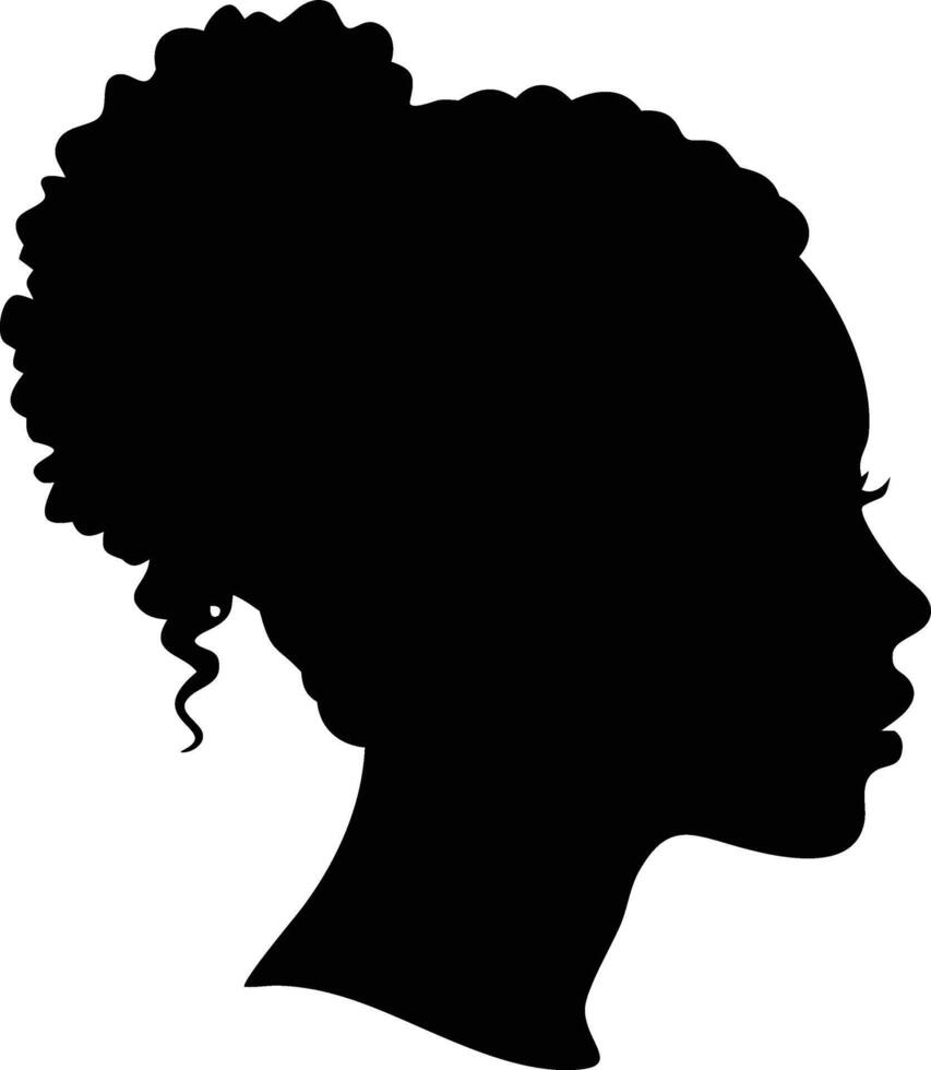 Silhouette African Woman Profile Portrait, Curly Bun Hairstyle, Elegant vector