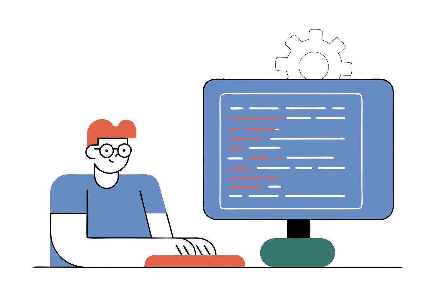 Flat Design Man Typing at Computer with Gear Icon on Transparent Background vector
