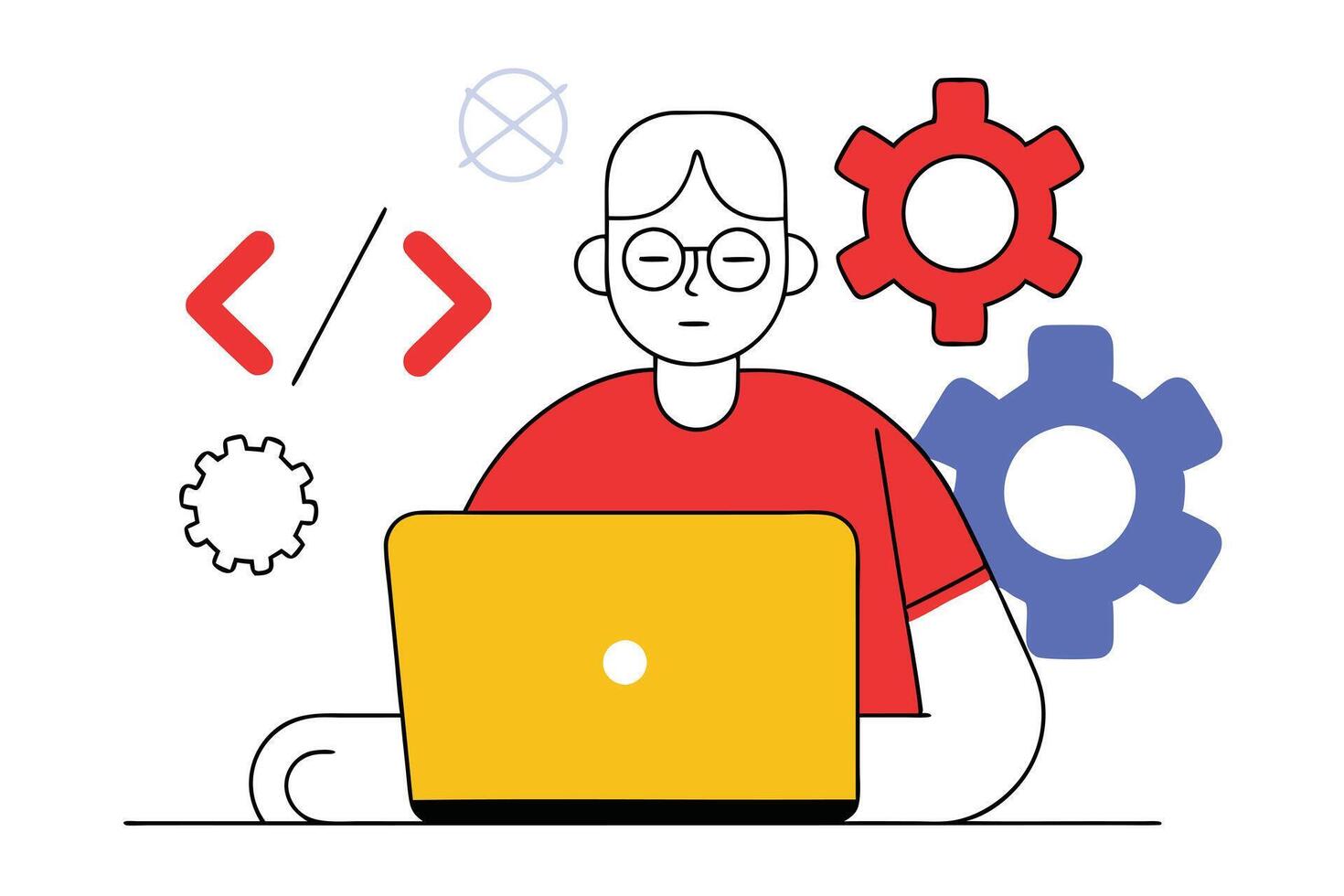 Programmer with Laptop, Code, Gears, Line Art on Transparent Background vector