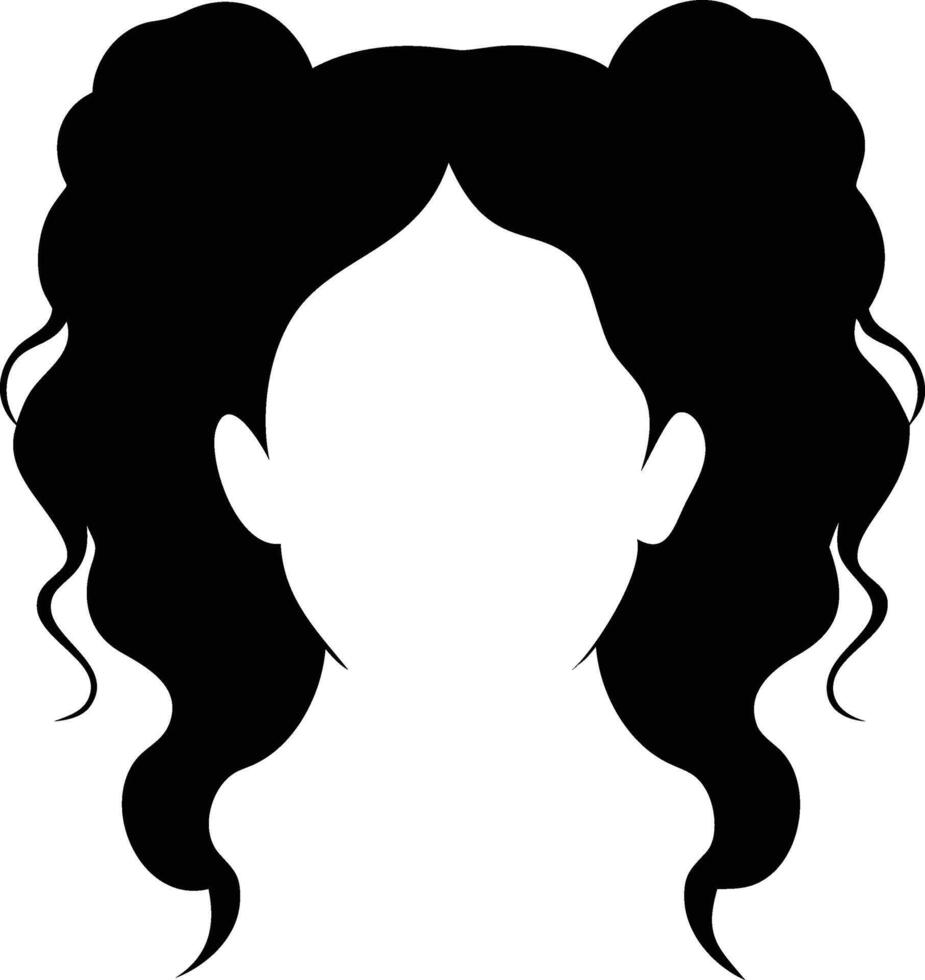 Silhouette of a Head with Double Ponytails, Black Curly Hair, vector