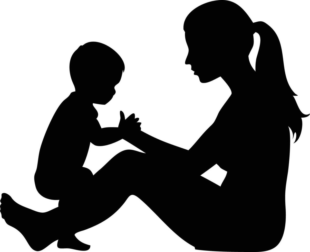 Silhouette of Seated Woman and Child with Hands Touching vector
