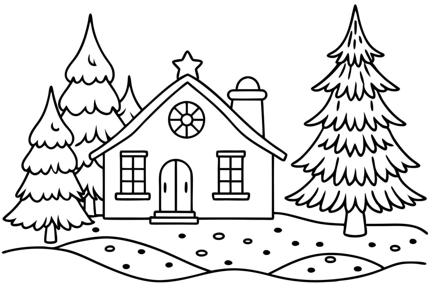 Hand Drawn House with Star on Roof Between Pine Trees on Transparent Background vector