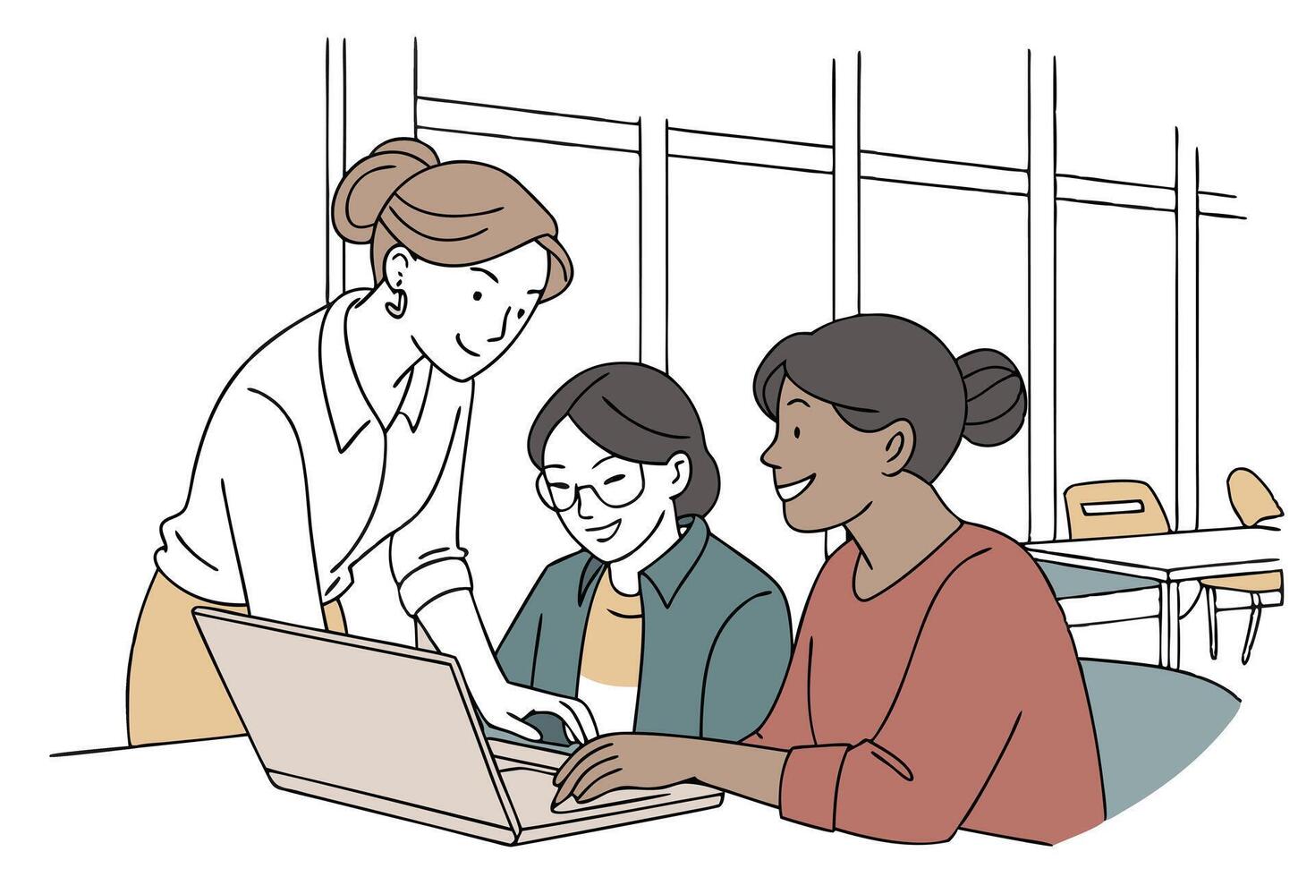 Diverse Teamwork Women Collaborating on Laptop in Line Art Style, transparent background vector