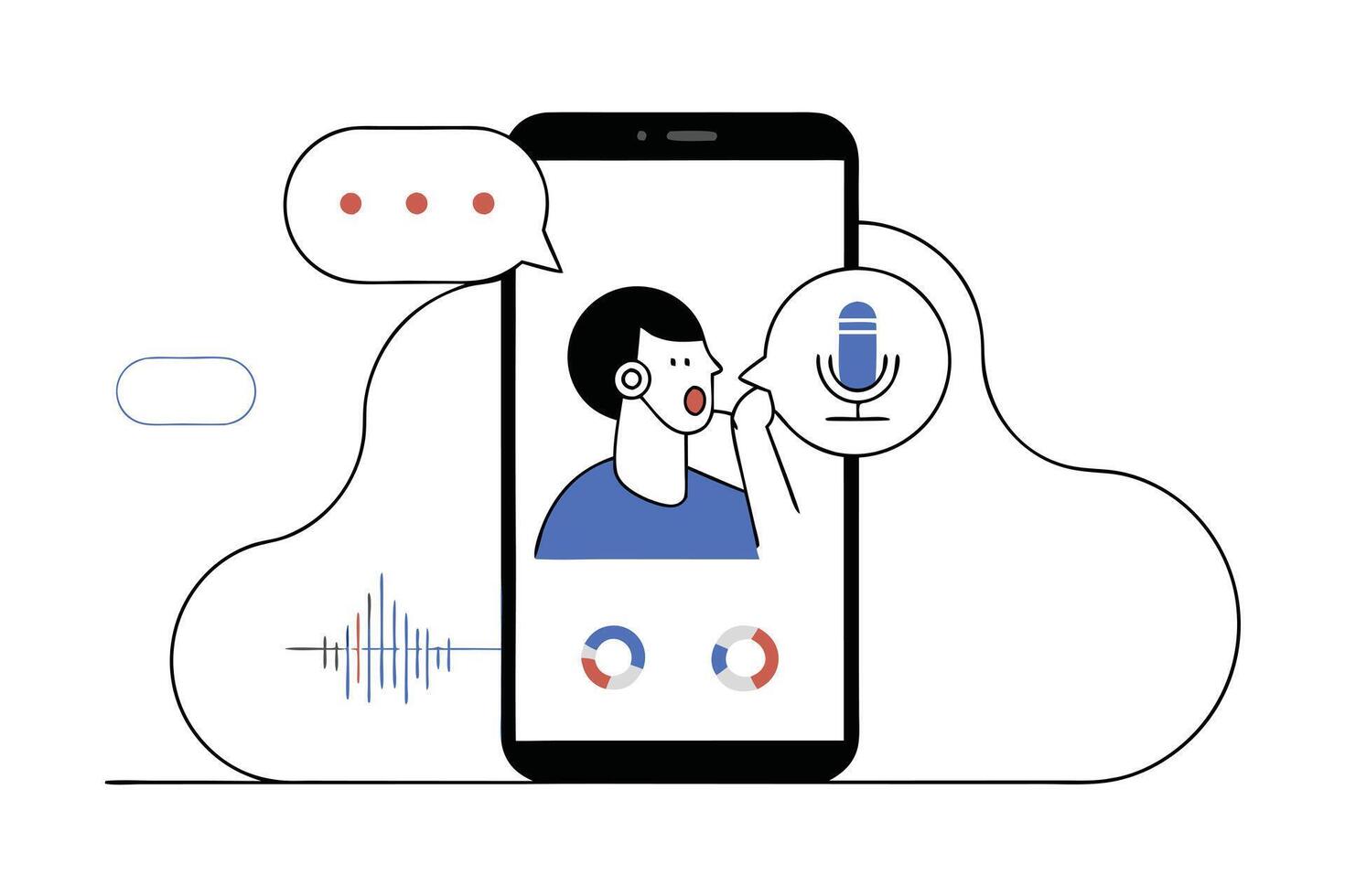 Young man in Phone Screen, Open Mouth Speaking with sound waves on transparent background vector