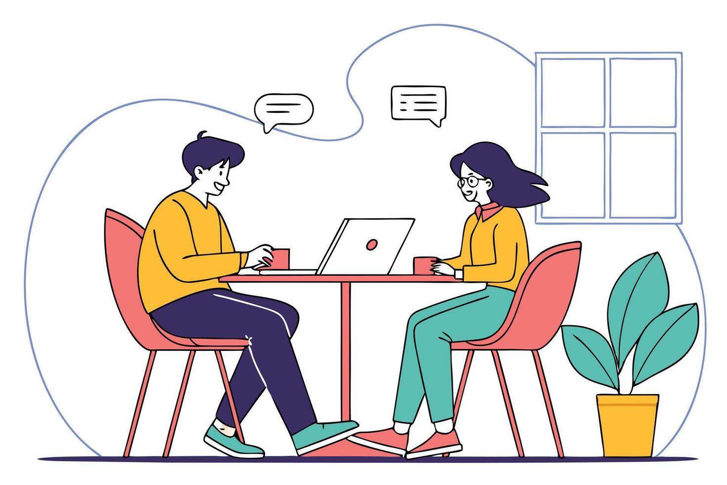Two People Sitting at Table with Laptop, Dialogue Bubbles, Line Art, Transparent Background vector