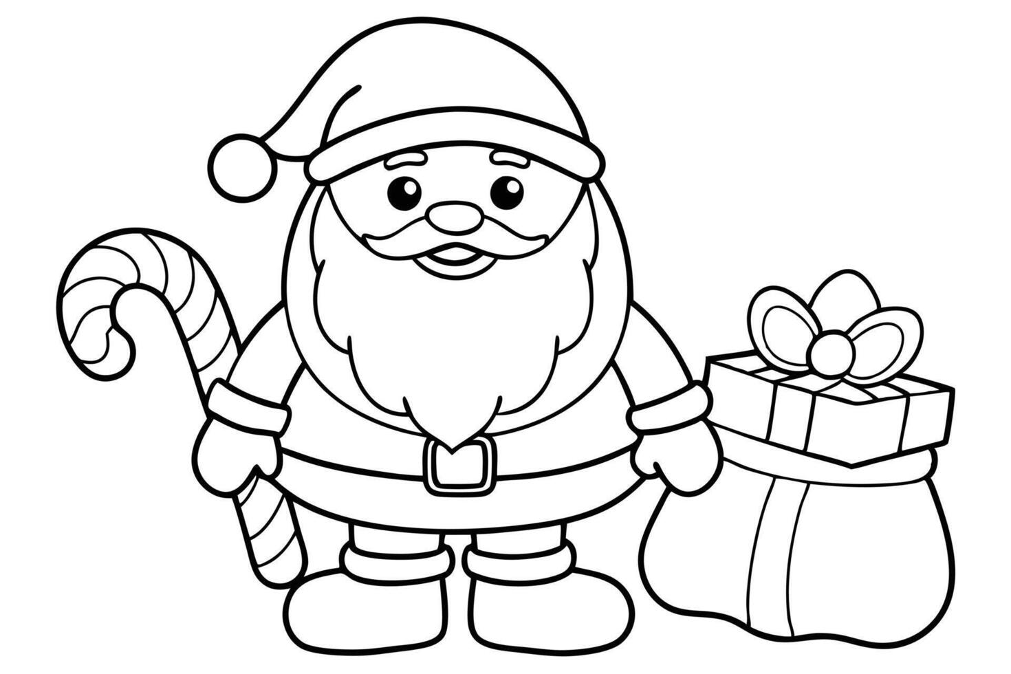 Cartoon Santa Claus Standing with Gifts and Candy Cane Outline on Transparent Background vector
