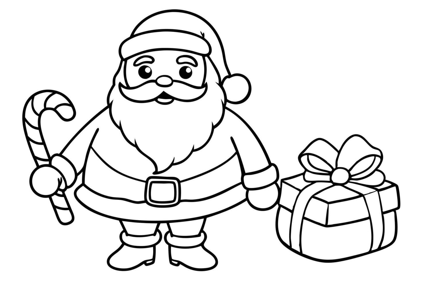 Cartoon Santa Claus with Candy Cane and Gift Box Outlines on Transparent Background vector