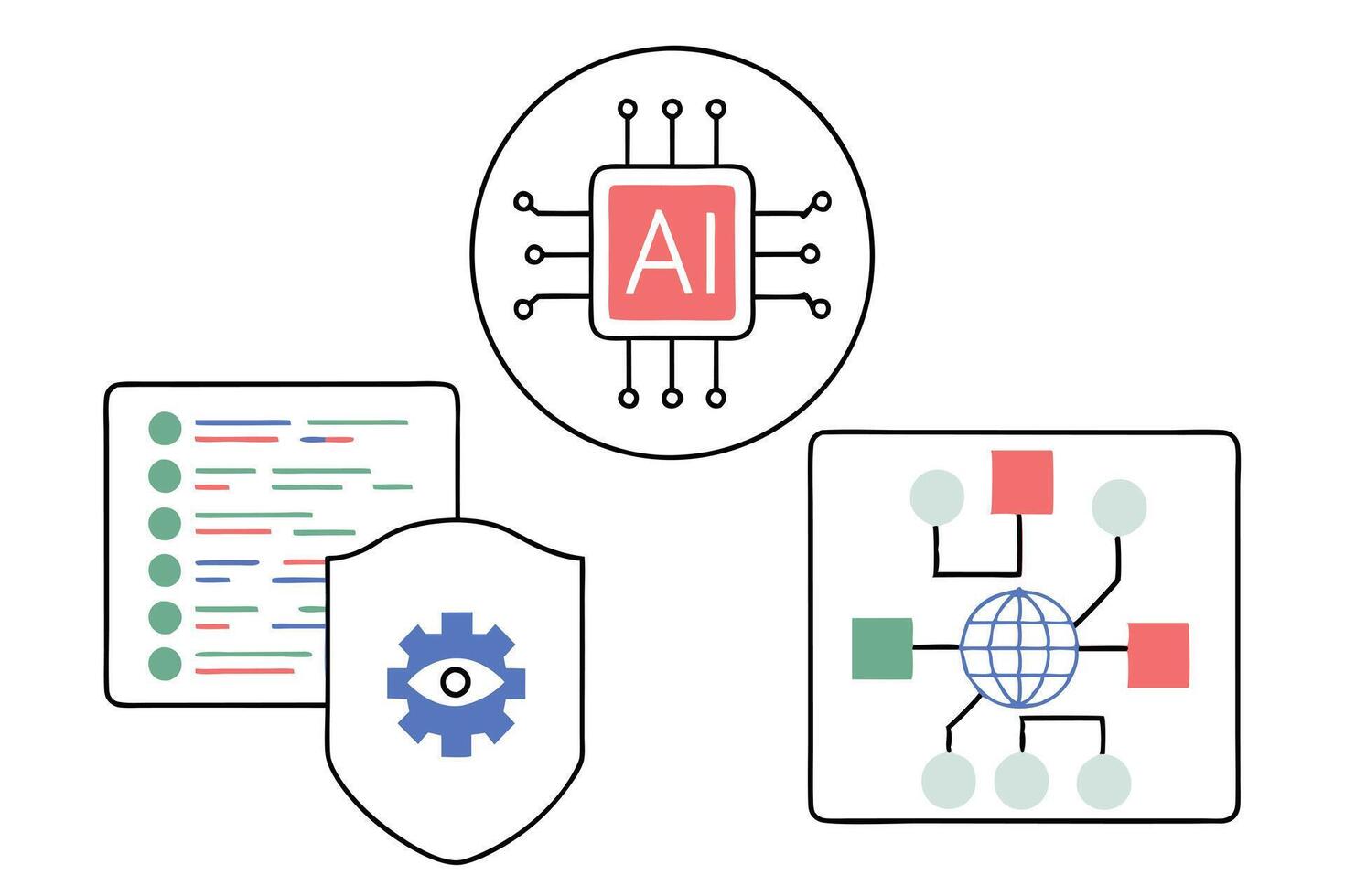 AI Circuit, Secure Data, Global Network, Icons on Transparent Background vector