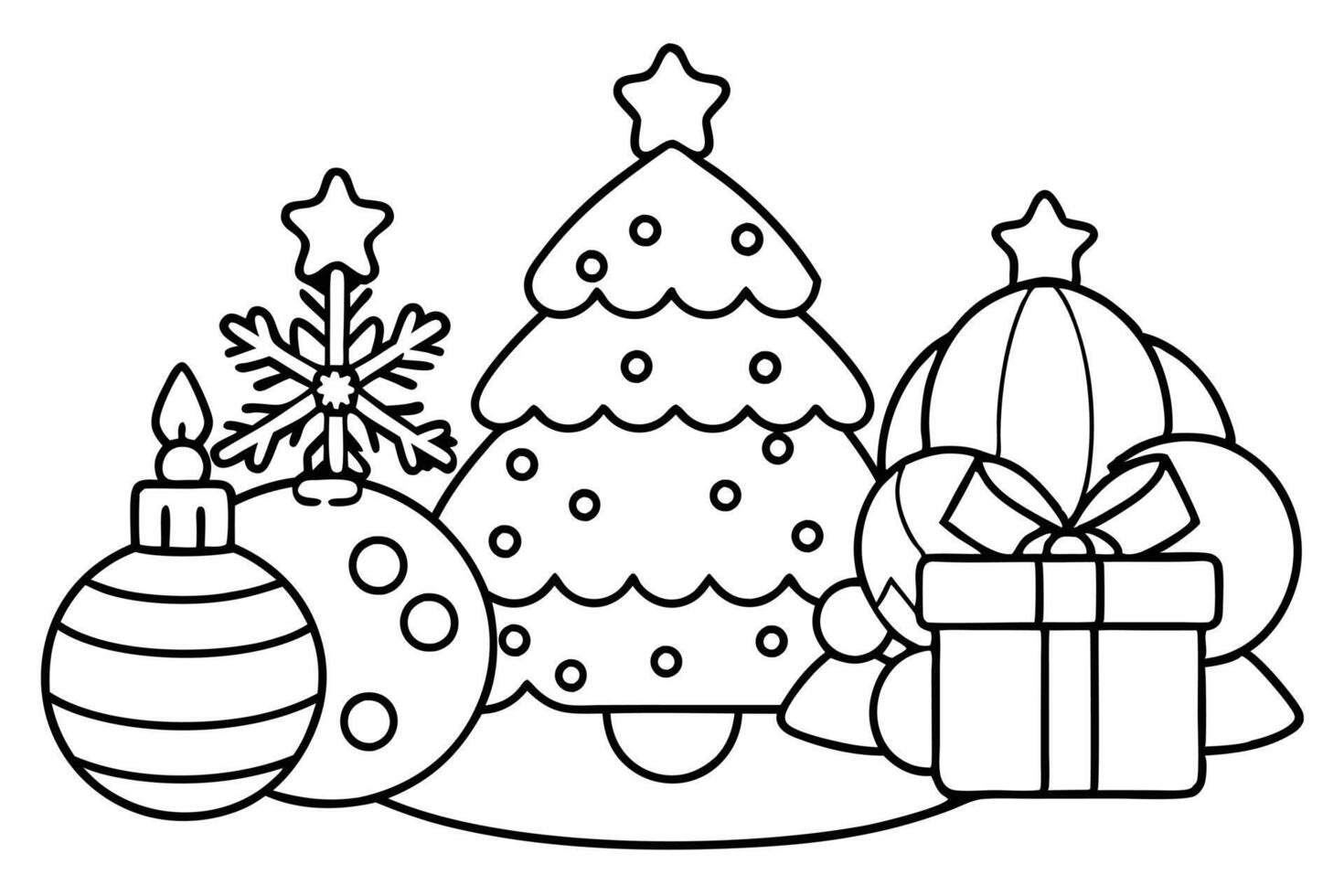 Black outline Christmas tree, star, gift, balls, and snowflake on transparent background vector