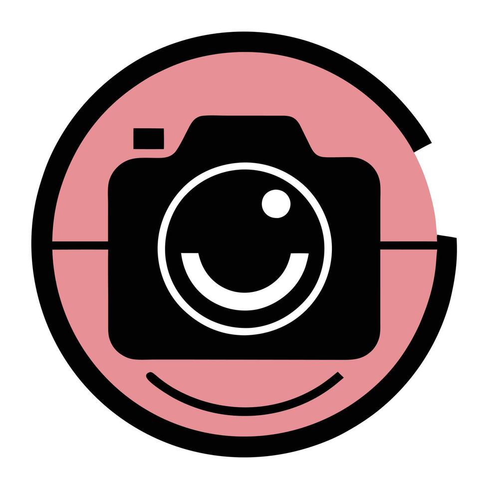 Camera icon with smiling face in retro pink circle on a transparent background vector