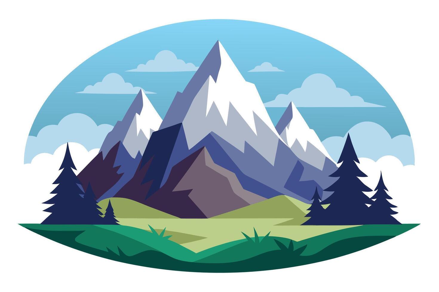 Flat Majestic Peaks, Dense Forest, Blue Cloudy Sky, Scenic Landscape vector
