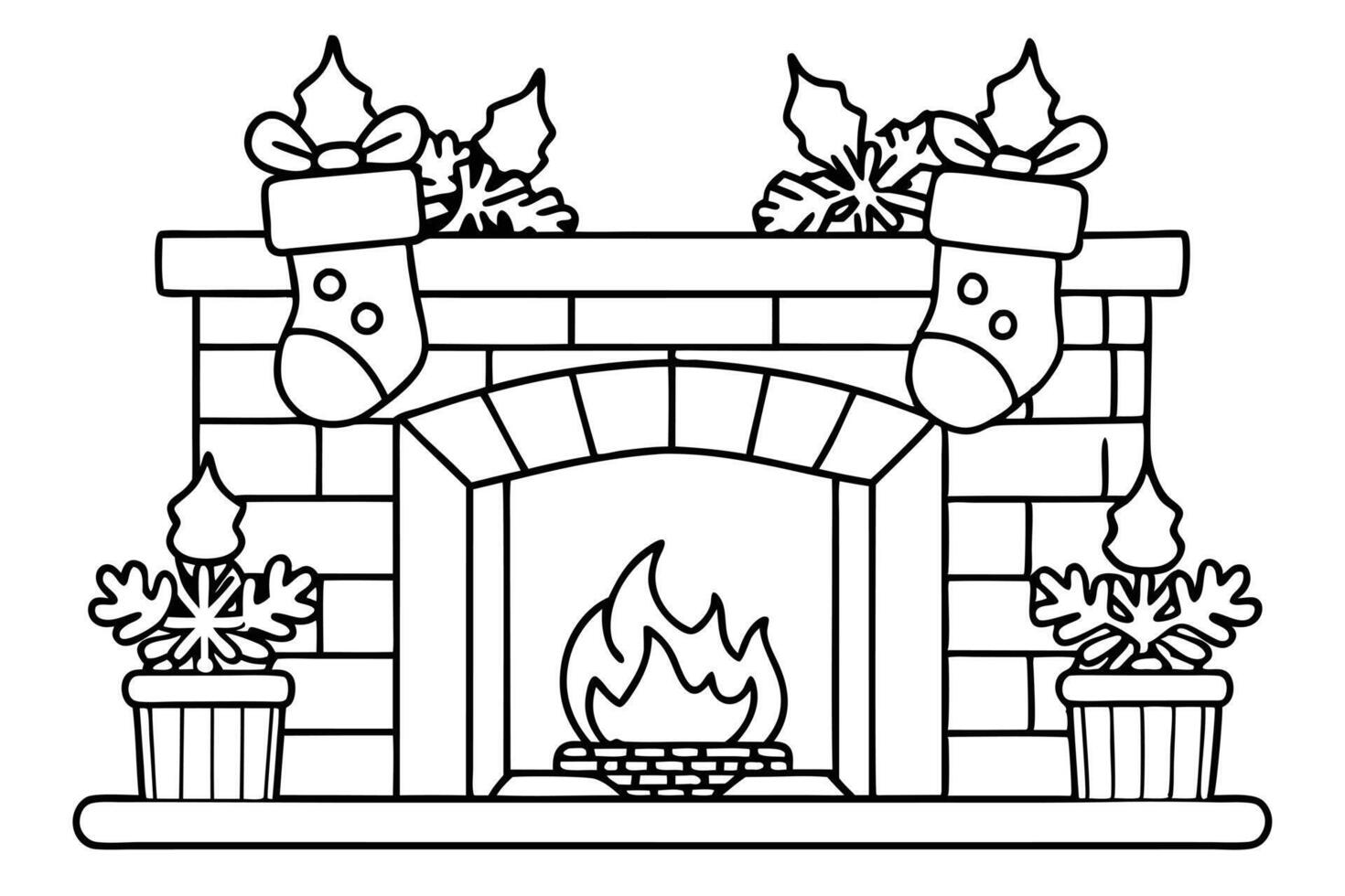 Festive Fireplace with Christmas Stockings and Plants Line Art on Transparent vector