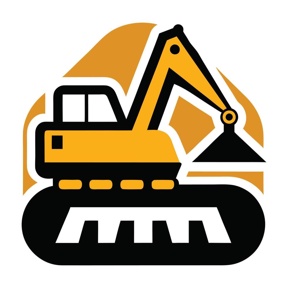Yellow Excavator with Black Tracks, Earthmover Icon Design on an Abstract Shape vector