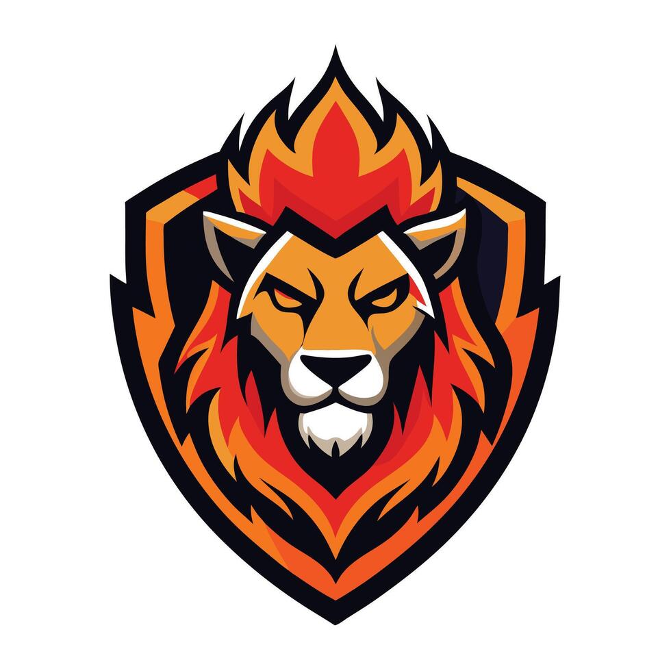 Fierce Lion Head Inside Shield Emblem with Flame Mane and Transparent Background vector