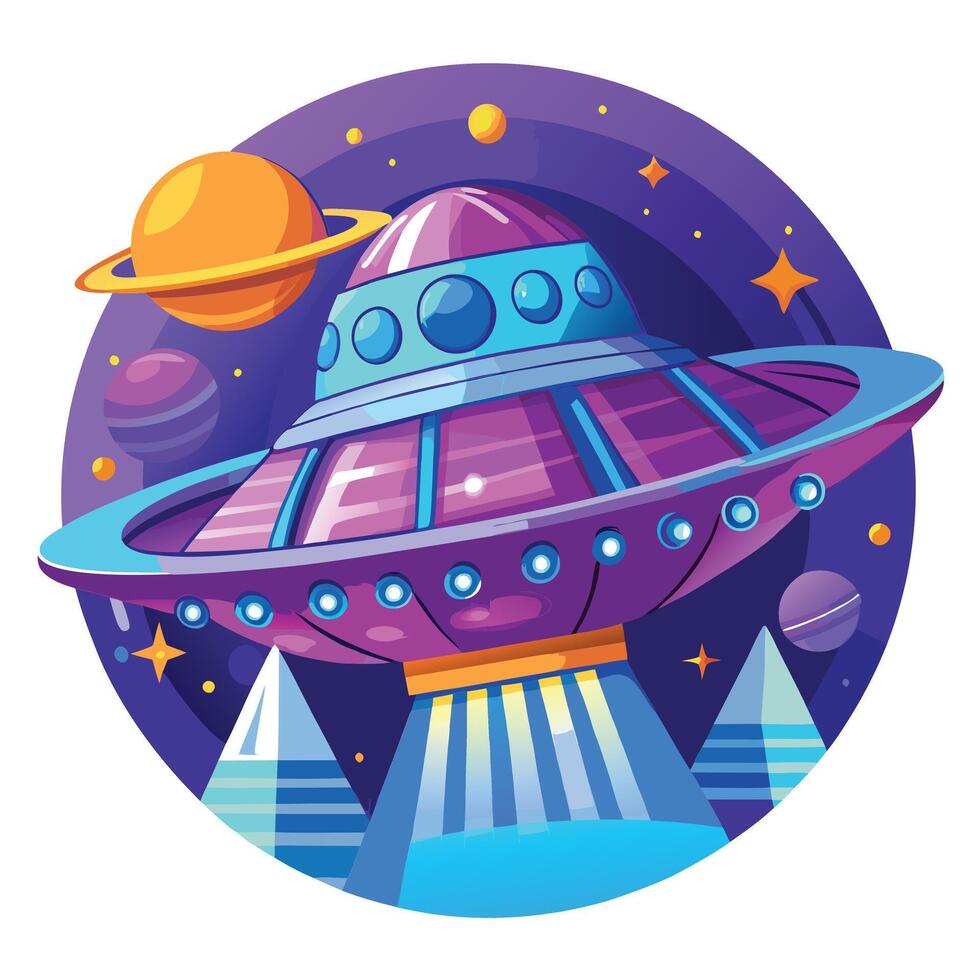 Cartoonish UFO Spaceship with Planets and Stars in a Space Theme on Transparent vector