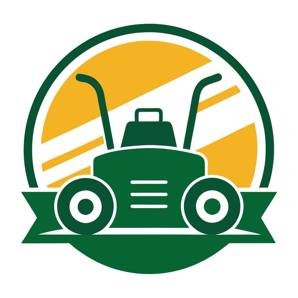 Lawn Mower Icon in Green and Yellow Circle Shape Design on White Background vector