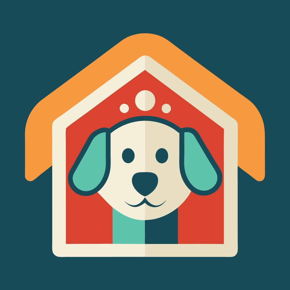 Minimalist Dog House Design, Dog Inside, Teal Accents on a Dark Teal Background vector