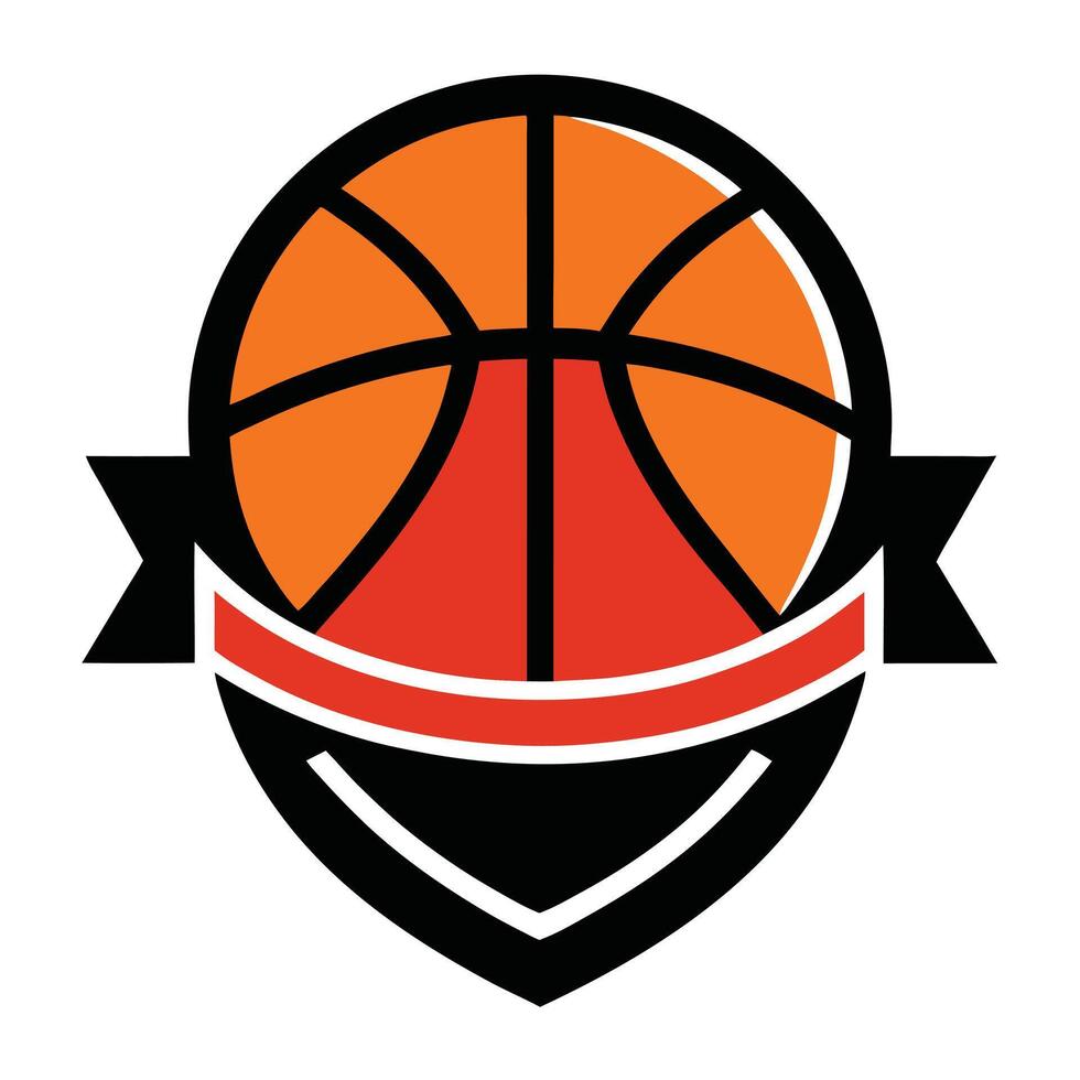 Flat Orange Basketball Inside Ribbon Shield Emblem on Transparent Background vector