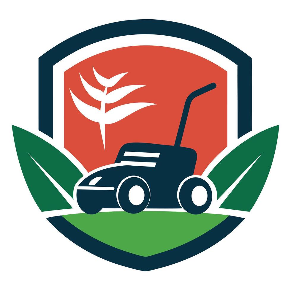 Lawn Mower Shield with Leaves, Plants, and Grass on Transparent Background vector