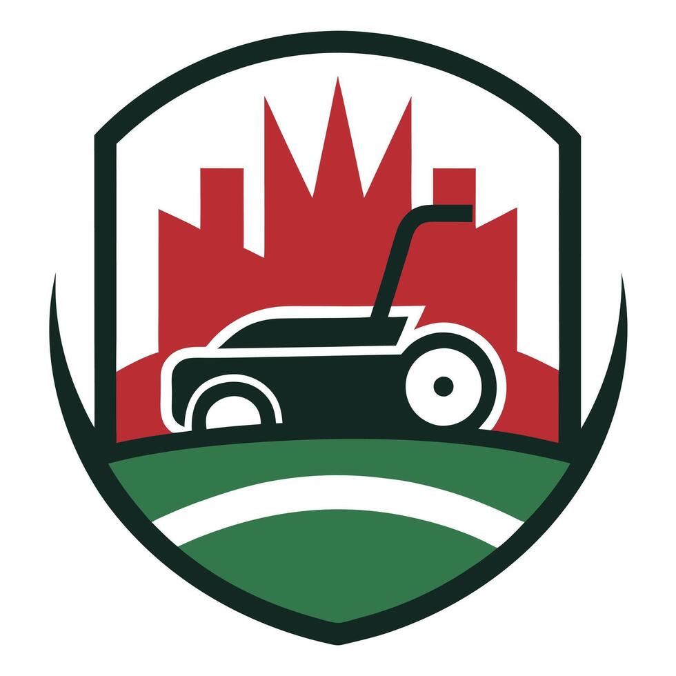 Lawn Mower Logo Icon Shield Design with Green Lawn and Red Cityscape Backdrop vector