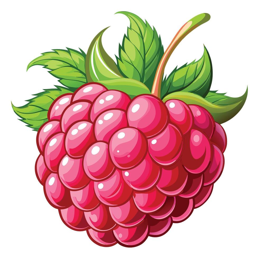 Cartoon raspberry with leaves, vibrant colors, juicy texture vector