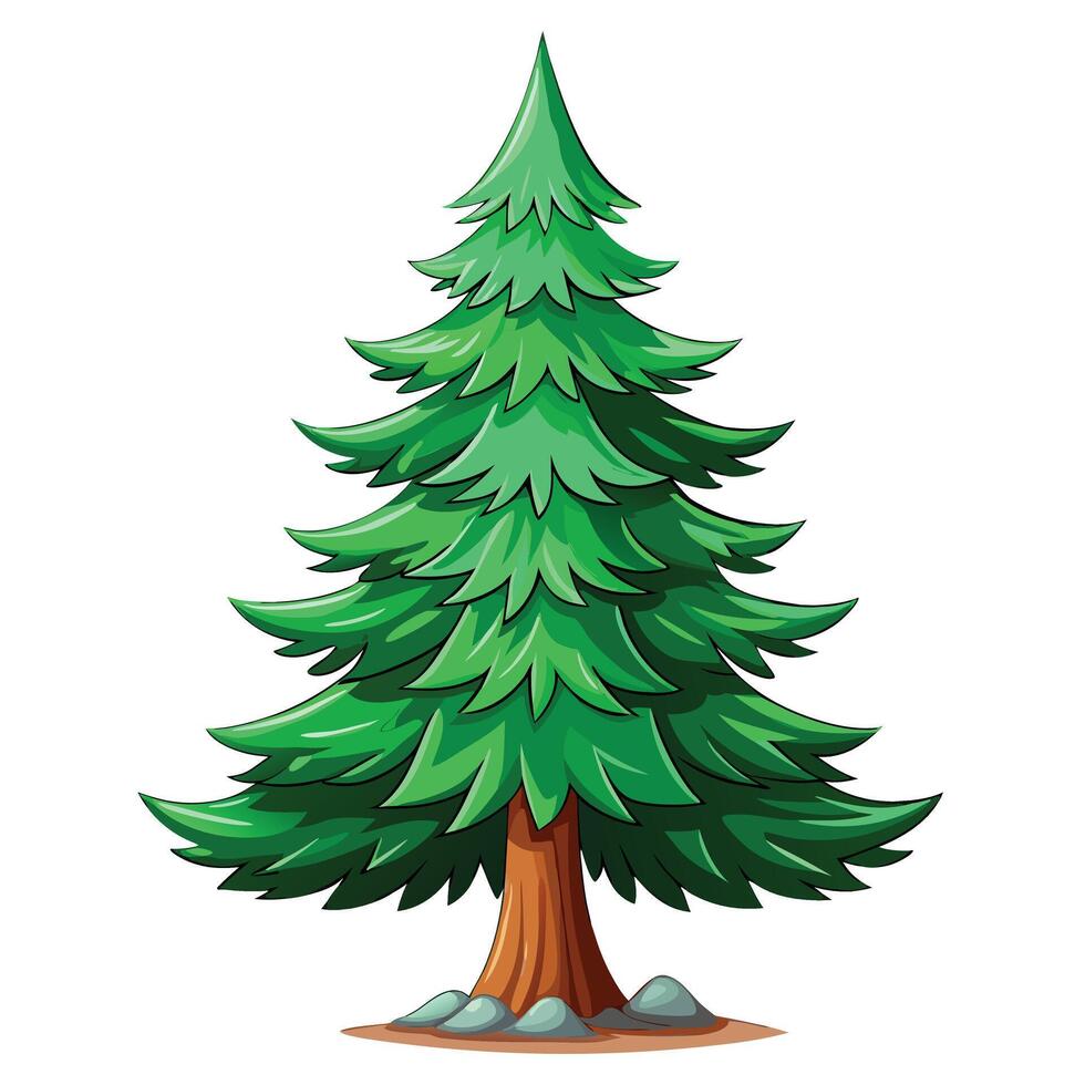 Evergreen Tree with Brown Trunk and Rounded Rocks Isolated vector