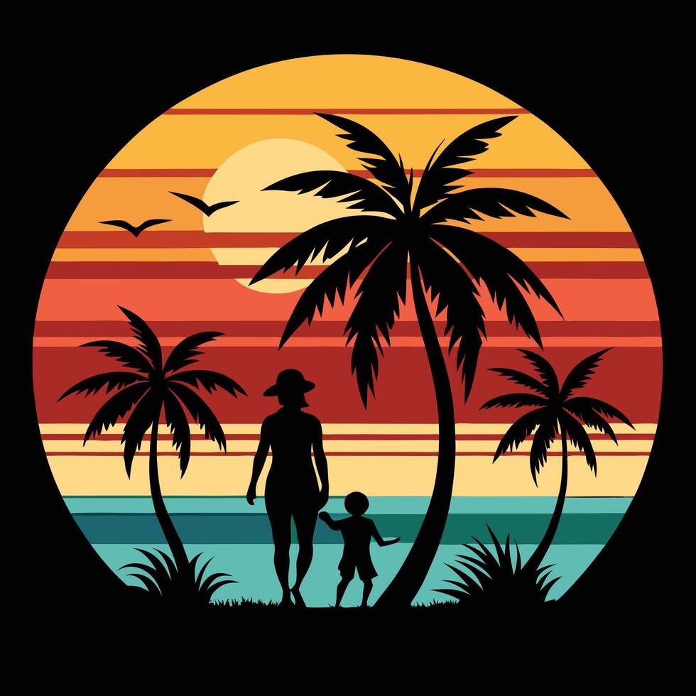 Retro Silhouette Beach With Palm Trees Mother and Child in vector