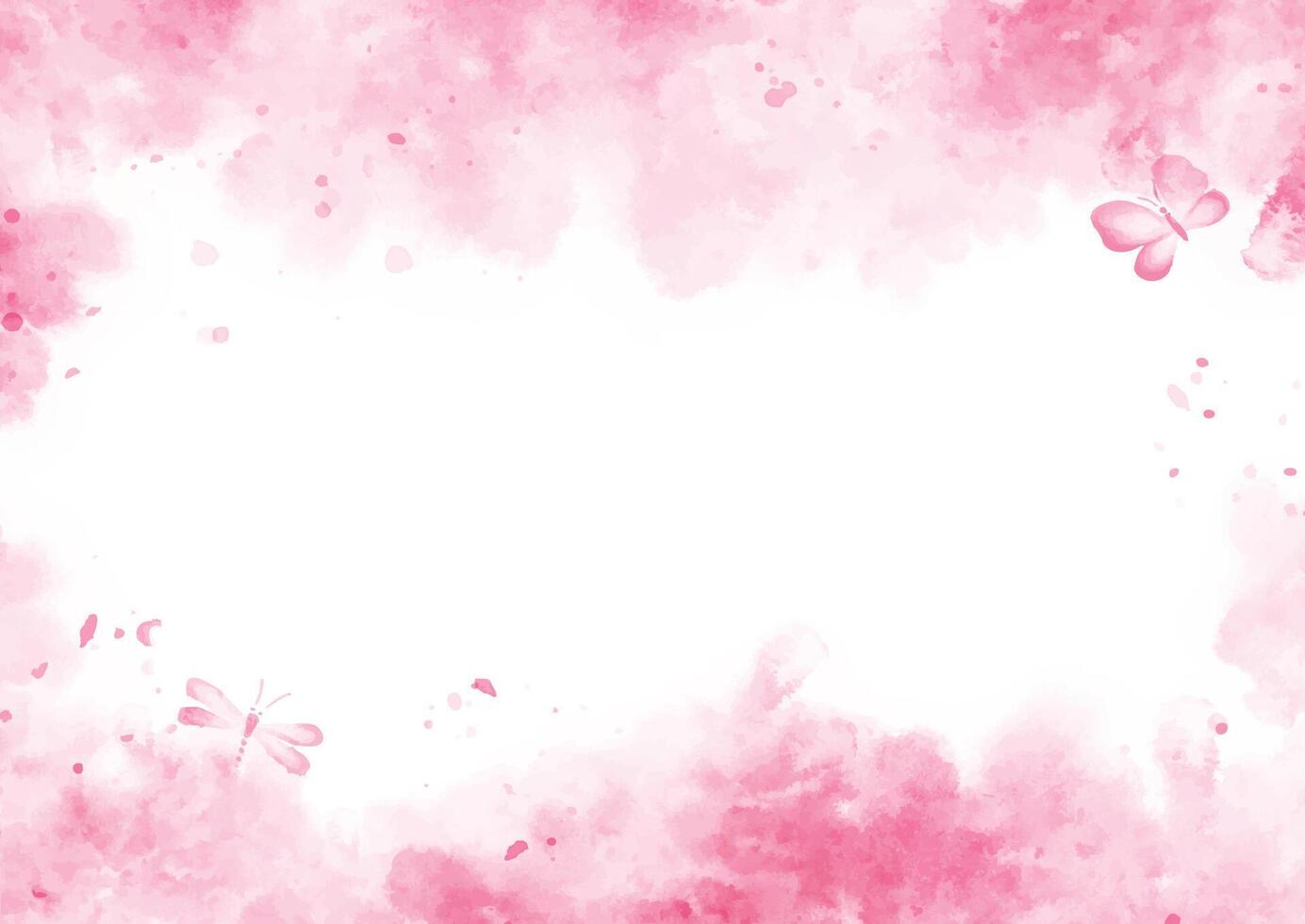 Hand painted pastel pink watercolour background with butterfly and dragonfly vector