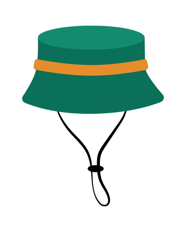 Simple green bucket hat with a yellow band and adjustable chin strap, isolated illustration. Ideal for fashion, outdoor activity themes, and design concepts vector