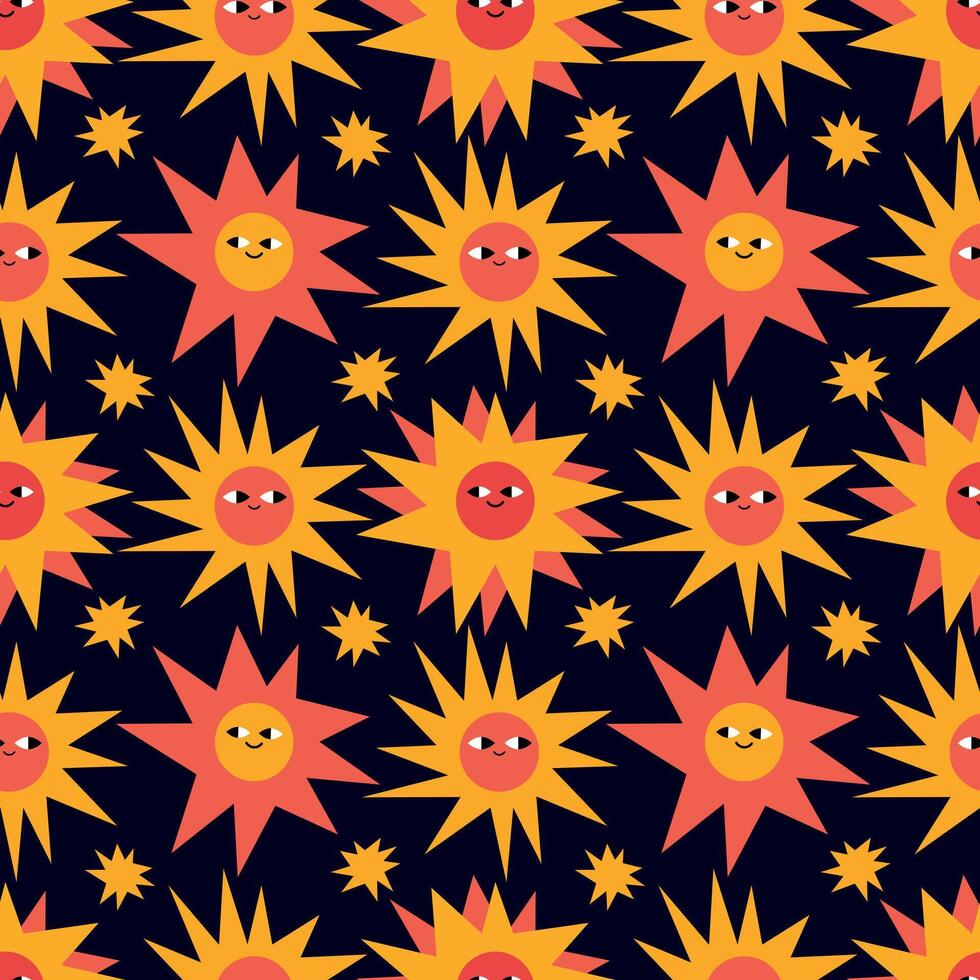 Bright and cheerful illustration featuring a seamless pattern of cute sun faces with playful expressions. The colorful suns are set against a dark background, creating a lively contrast vector