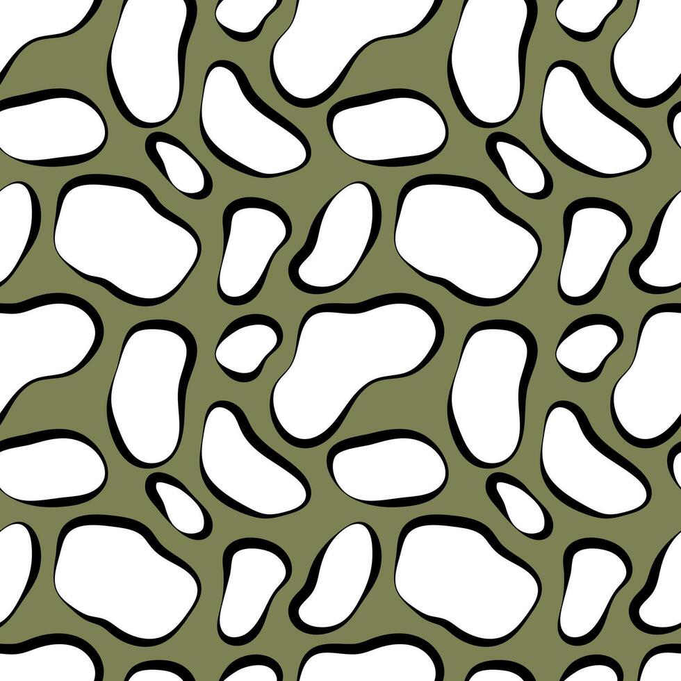 Abstract Leopard seamless pattern. Irregular black and white shapes on muted green background. Seamless design for textiles, fashion, and creative projects vector